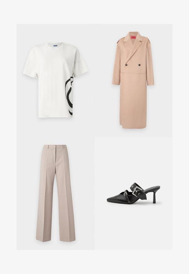 Šviesiai rusvas vilnos mišinys paltas su dvigubu užsegimu, dideliais atlapais ir dviem priekinėmis kišenėmis. Papuoštas juodais mygtukais ir peties detalėmis.; Balta medvilnės marškinėliai su dideliu juodu abstrakčiu piešiniu kairėje pusėje, trumpomis rankovėmis ir apvalia iškirpte.; Švelnūs, smėlio spalvos plačiasijoniai pantalonai, pasiūti iš lygaus audinio, su aukšta juosmens linija, priekiniais raukšlėmis ir pritaikytu siluetu.; Juodos aukštakulnės mule bateliai su smailiu pirštu, pagaminti iš lygaus odos. Turi platų kulkšnies dirželį su kvadratiniu sidabro sagtimi ir skulptūromis.