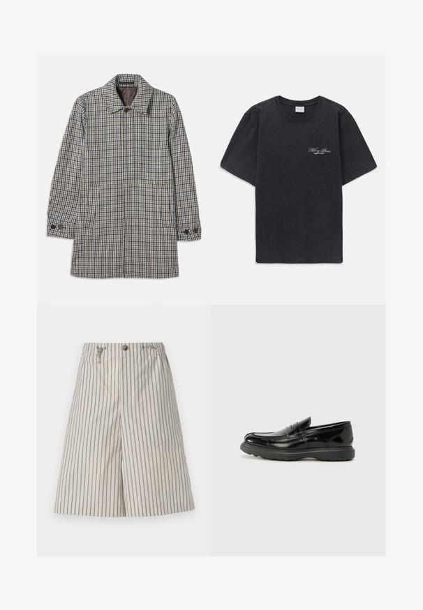 Miestny stredne dlhý kabát s modro-hnedo-čiernym houndstooth vzorom, gombíkovým golierom a gombíkovými manžetami na bielom pozadí.; Mustat lyhythihaiset t-paidat, joissa on pieni valkoinen "Filling Pieces" -tekstilogo vasemmassa rinnassa.; Harmaaraidalliset shortsit rentoa mallia, valmistettu kevyestä kankaasta. Varustettu nappikiinnityksellä ja kahdella sivutaskulla.; Mustat nahkakengät, joissa on kiiltävä pinta, pyöreä kärki, huomaamaton ompelu ja paksu kumipohja kestävyyttä varten.