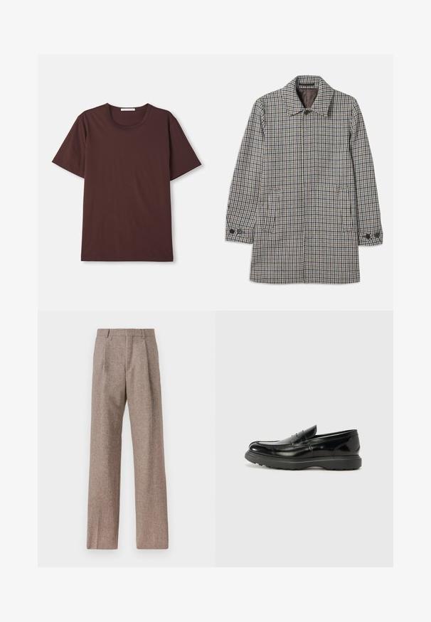 Meeste keskmise pikkusega jakk sinise, pruuni ja musta houndstooth mustriga, nööpkaelusega ja nööpidega mansettidega valgel taustal.; Tumed burgundia lühikeste varrukatega T-särk, mis on valmistatud pehmest puuvillast. Omab ümmargust kaelust ja vabamat lõiget, ilma nähtavate mustrite või tarvikuteta.; Prunnid, kõrge vöökohaga püksid, mis on valmistatud tekstureeritud kangast. Omavad laiu jalgu ja kahte eesmist voldikut struktuuri jaoks. Korralik viimistlus, ilma nähtava riistvarata.; Must musta nahk loafer läikiva viimistlusega, ümar varvas, delikaatsed õmblusdetailid ja paks kummist tallad vastupidavuse tagamiseks.