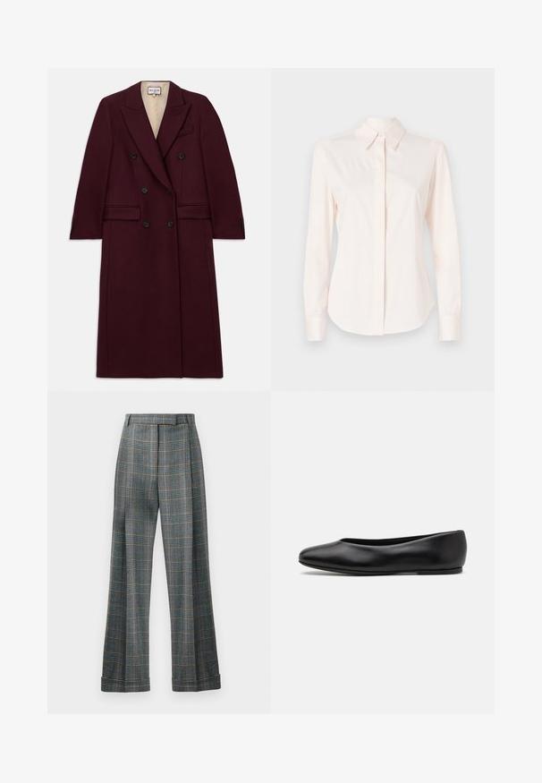 Burgundy kaksirivinen takki, joka on valmistettu teksturoidusta kankaasta. Takissa on mustat napit, sivutaskut ja viistot läpät.; Vaaleanpunainen pitkähiha, joka on valmistettu sileästä kankaasta, klassisella kauluksella ja nappilistalla, istuvilla hihoilla ja vartalonmyötäisellä muotoilulla.; Ruudulliset housut, joissa on sininen, harmaa ja oranssi väriyhdistelmä, leveä lahkeiden muotoilu ja puristetut taitokset; valmistettu teksturoidusta kankaasta.; Paul Smith TOPANGA - Ballerinat - black