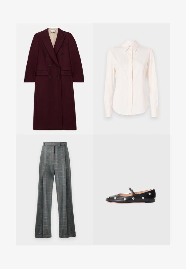 Burgunderfarbenes, doppelt gefüttertes Jackett aus einem strukturierten Stoff, mit schwarzen Knöpfen, seitlichen Taschen und einem Reversdesign.; Helles rosa Hemd mit langen Ärmeln aus glattem Stoff, ausgestattet mit einem klassischen Kragen und einer Knopfleiste, mit schmalen Manschetten und taillierter Form.; Kariertes Hosen mit einer Farbgestaltung in Blau, Grau und Orange, weitem Bein-Design und Bügelfalten; aus einem strukturierten Stoff gefertigt.; Schwarze Leder-Mary-Jane-Ballenflats mit runder Zehenform, ausgestattet mit silbernen runden Nieten und einem verstellbaren Riemen mit Schnalle.