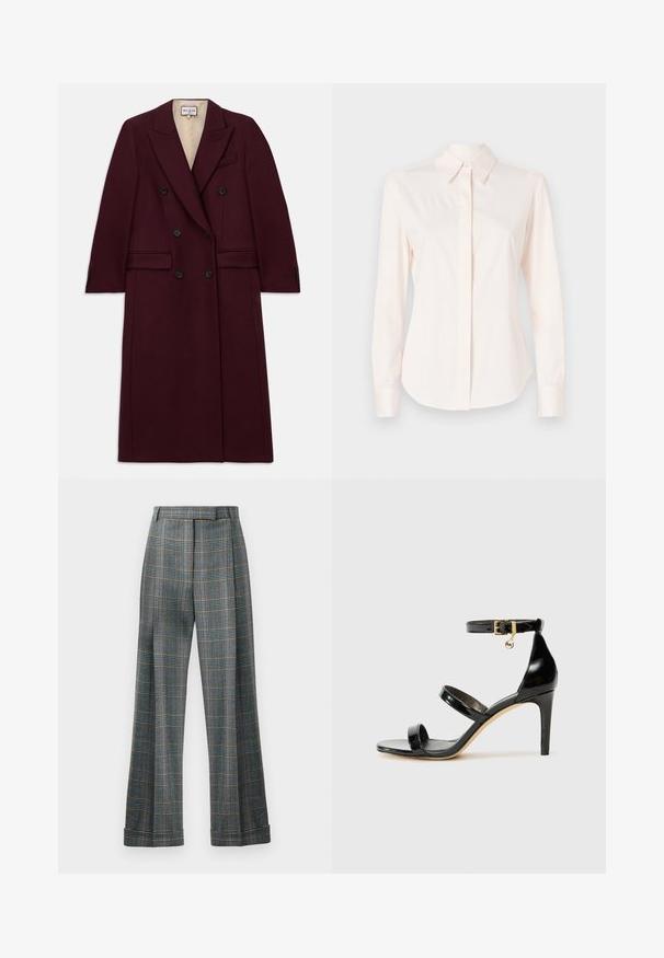Cappotto bordeaux doppiopetto realizzato in tessuto testurizzato, dotato di bottoni neri, tasche laterali e un design con rever a punta.; Camicia a maniche lunghe rosa chiaro realizzata in tessuto liscio, con colletto classico e patta con bottoni, polsini aderenti e una forma sagomata.; Pantaloni a quadri con una combinazione di colori blu, grigio e arancione, design a gamba larga e pieghe stirate; realizzati in un tessuto testurizzato.; Sandalo in pelle verniciata nera con tre cinturini, fibbia alla caviglia e tacco a stiletto di 10 cm. Presenta dettagli in hardware dorato e un charm con logo.