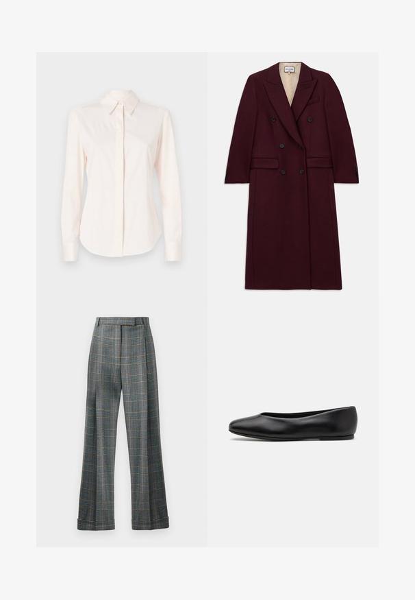 Cappotto bordeaux doppiopetto realizzato in tessuto testurizzato, dotato di bottoni neri, tasche laterali e un design con rever a punta.; Camicia a maniche lunghe rosa chiaro realizzata in tessuto liscio, con colletto classico e patta con bottoni, polsini aderenti e una forma sagomata.; Pantaloni a quadri con una combinazione di colori blu, grigio e arancione, design a gamba larga e pieghe stirate; realizzati in un tessuto testurizzato.; Paul Smith TOPANGA - Ballerine - black