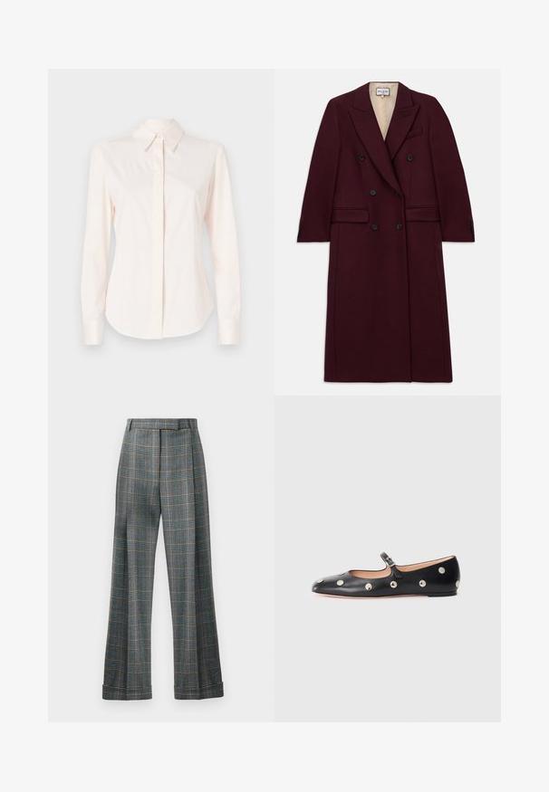 Palton dublu, de culoare burgundy, realizat dintr-un material texturat, cu nasturi negri, buzunare laterale și un guler cu decupaj.; Cămașă roz deschis cu mânecă lungă, realizată dintr-un material neted, având un guler clasic și o închidere cu nasturi, cu manșete ajustate și o formă croită.; Pantaloni în carouri cu un schemă de culori albastru, gri și portocalie, design cu picioare largi și pliuri presate; realizați dintr-un material texturat.; Pantofii Mary Jane din piele neagră, cu vârful rotund, decorati cu nasturi circulari argintii și o curea ajustabilă cu cataramă.