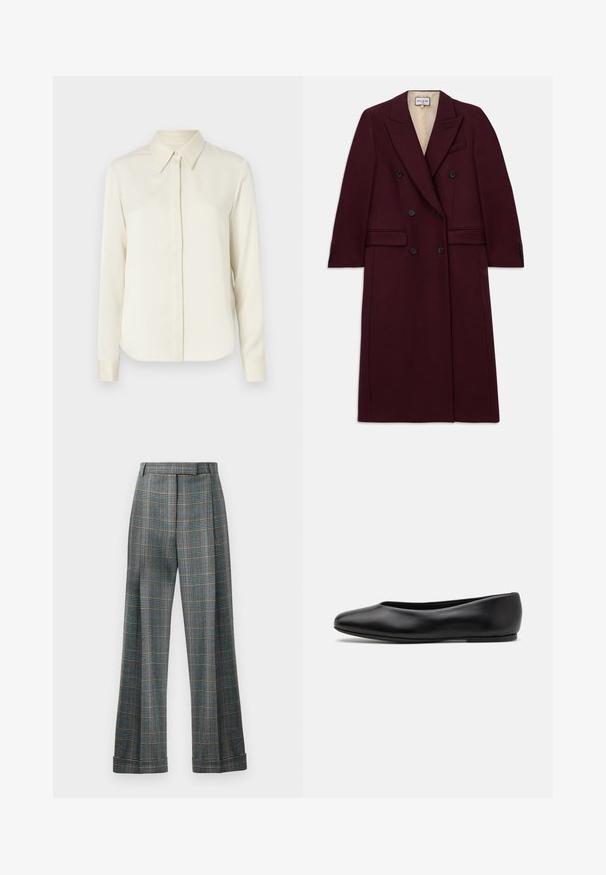Burgundy double-breasted coat made of a textured fabric, featuring black buttons, side pockets, and a notched lapel design.; Tiger of Sweden CELSA - Button-down blouse - ivory white; Plaid trousers featuring a blue, gray, and orange color scheme, wide leg design, and pressed creases; made from a textured fabric.; Paul Smith TOPANGA - Ballet pumps - black