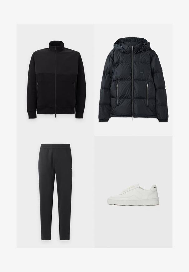 Chaqueta acolchada negra con cierre delantero, capucha ajustable, dos bolsillos laterales con cremallera y un diseño texturizado acolchado. Presenta un parche de logo.; Chaqueta negra con cremallera completa y cuello alto, con dos bolsillos laterales con cremallera y puños acanalados, dispuesta sobre un fondo blanco.; Camiseta de algodón blanca de manga corta, con un logo en azul y verde de "ARMANI EXCHANGE" y "1991" centrado debajo.; Pantalones de chándal negros hechos de una tela suave, con una cintura elástica, perneras rectas y un pequeño detalle del logo en el lateral.; Zapatilla de cuero blanca con un acabado suave, puntera redonda, cordones planos y suela texturizada. Cuenta con un sutil logo en el talón.