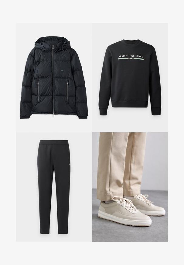 Crni puffer jakna sa prednim zatvaračem, podesivom kapuljačom, dva bočna džepa sa zatvaračem i teksturiranim, stegnutim dizajnom. Ima oznaku logotipa.; Crna dukserica napravljena od mekog materijala. Ima okrugli izrez i duge rukave. Na prednjoj strani se nalaze natpisi "ARMANI EXCHANGE" i "1991" u kontrastnim bojama.; Bijela pamučna majica s kratkim rukavima, s plavim i zelenim logotipom "ARMANI EXCHANGE" i "1991" centriranim ispod.; Crne trenirke izrađene od mekanog materijala, sa elastičnom trakastom, ravnim nogavicama i jednim malim logom sa strane.; Bež tenisice s teksturiranom gornjom površinom, bijelim potplatima i šivenim detaljima, u kombinaciji s bež hlačama, prikazane na sivoj podlozi.