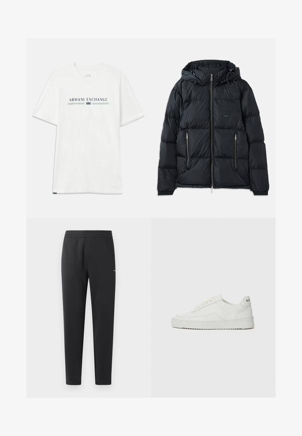 Casaco puffer preto com fecho na frente, capuz ajustável, dois bolsos laterais com fecho éclair e um design texturizado e acolchoado. Apresenta um patch do logo.; Sweatshirt preto feito de tecido suave. Possui um decote redondo e mangas longas. A parte da frente exibe "ARMANI EXCHANGE" e "1991" em cores contrastantes.; T-shirt de algodão branco com mangas curtas, apresentando um logo azul e verde "ARMANI EXCHANGE" e "1991" centralizado abaixo.; Calças de treino pretas feitas de tecido suave, com um cós elástico, pernas retas e um pequeno detalhe de logotipo de um lado.; Sapatilha de couro branco com acabamento suave, bico redondo, atacadores planos e uma sola texturizada. Apresenta um logotipo discreto no calcanhar.