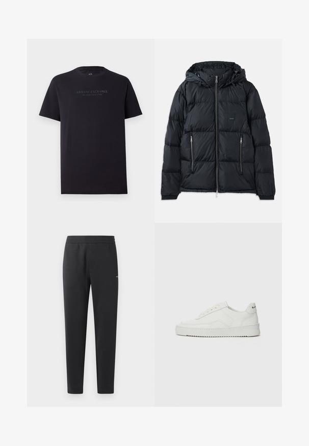 Svart puffjacka med dragkedja framtill, justerbar huva, två sidofickor med dragkedja och ett texturerat, quiltat mönster. Har logopatch.; Svart sweatshirt tillverkad av mjukt tyg. Har rundad halsringning och långa ärmar. Framtill står det "ARMANI EXCHANGE" och "1991" i kontrasterande färger.; Svart bomull t-shirt med korta ärmar, rund hals och en något avslappnad passform. Funktioner "ARMANI EXCHANGE MILANO / NEW YORK" i mörkgrå text.; Svarta joggingbyxor i mjukt tyg, med elastisk midja, raka ben och en liten logotypdetalj på sidan.; Vita lädersneakers med en jämn yta, rund tå, platta snörningar och en strukturerad sula. Har en diskret logotyp på hälen.