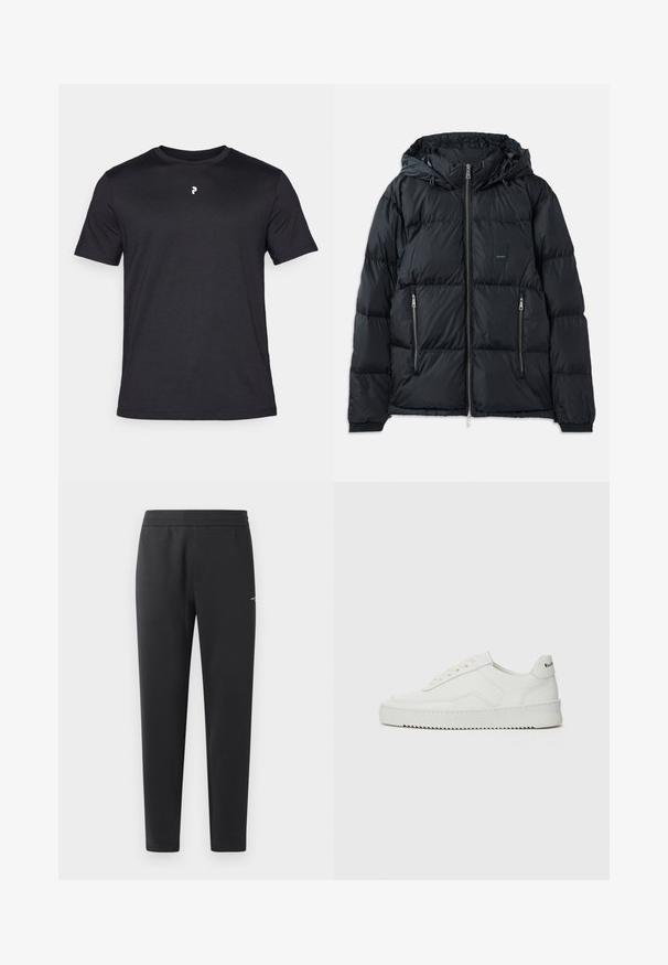 Chaqueta acolchada negra con cierre delantero, capucha ajustable, dos bolsillos laterales con cremallera y un diseño texturizado acolchado. Presenta un parche de logo.; Sudadera negra hecha de un tejido suave. Presenta un cuello redondo y mangas largas. En la parte frontal se exhibe "ARMANI EXCHANGE" y "1991" en colores contrastantes.; Camiseta negra de manga corta hecha de tela suave, con un pequeño logo blanco en el pecho y un cuello redondo clásico.; Pantalones de chándal negros hechos de una tela suave, con una cintura elástica, perneras rectas y un pequeño detalle del logo en el lateral.; Zapatilla de cuero blanca con un acabado suave, puntera redonda, cordones planos y suela texturizada. Cuenta con un sutil logo en el talón.