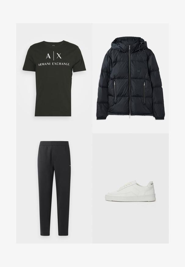 Casaco puffer preto com fecho na frente, capuz ajustável, dois bolsos laterais com fecho éclair e um design texturizado e acolchoado. Apresenta um patch do logo.; Sweatshirt preto feito de tecido suave. Possui um decote redondo e mangas longas. A parte da frente exibe "ARMANI EXCHANGE" e "1991" em cores contrastantes.; T-shirt preto de gola redonda feita de algodão, com o logótipo "A|X ARMANI EXCHANGE" em branco. Mangas curtas e um corte descontraído.; Calças de treino pretas feitas de tecido suave, com um cós elástico, pernas retas e um pequeno detalhe de logotipo de um lado.; Sapatilha de couro branco com acabamento suave, bico redondo, atacadores planos e uma sola texturizada. Apresenta um logotipo discreto no calcanhar.