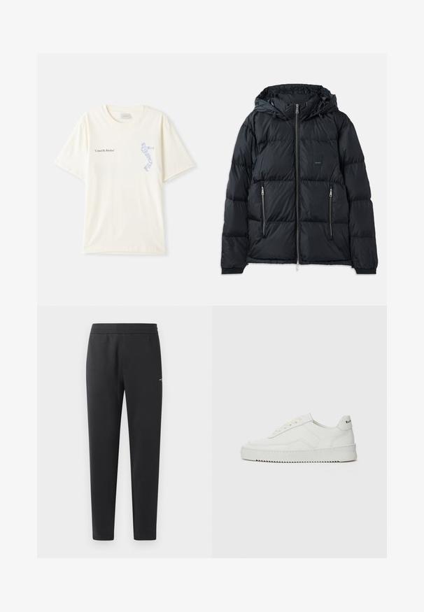 Černá péřová bunda s předním zipem, nastavitelnou kapucí, dvěma bočními zipovými kapsami a texturovaným prošívaným designem. Obsahuje nášivku s logem.; Černá mikina vyrobená z měkké látky. Má klasický kulatý výstřih a dlouhé rukávy. Na přední straně je nápis "ARMANI EXCHANGE" a "1991" v kontrastních barvách.; Bílá bavlněná tričko s krátkým rukávem, se zapnutím "United By Rhythm" v černé a modré grafikou na hrudi. Kulatý výstřih.; Černé joggingové kalhoty vyrobené z měkké tkaniny, s elastickým pasem, rovnými nohavicemi a malým logem na boku.; Bílé kožené tenisky s hladkým povrchem, kulatou špičkou, plochými tkaničkami a texturovanou podrážkou. Na patě se nachází nenápadné logo.