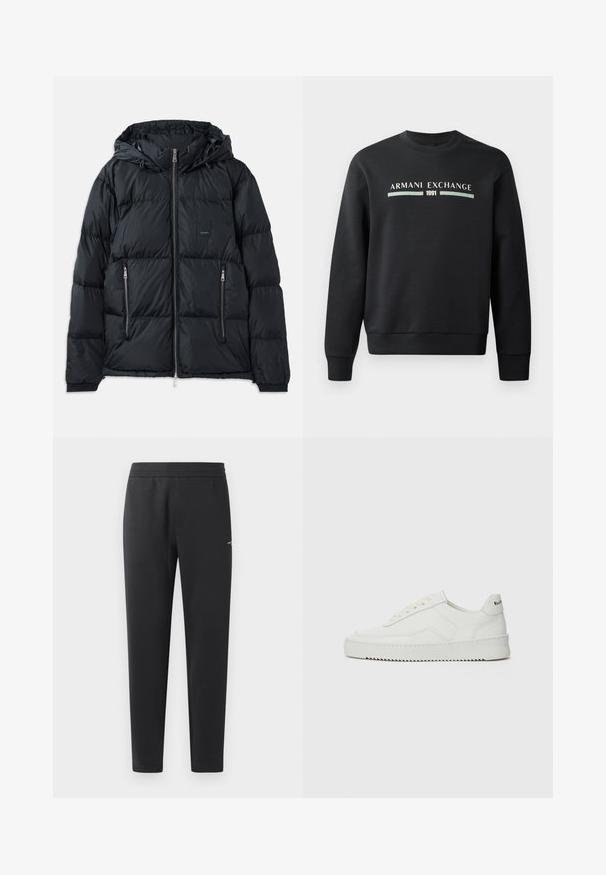 Sort puffjakke med lynlås foran, justerbar hætte, to lynlåslommer på siden og et struktureret, quiltet design. Har logo-patch.; Sort sweatshirt lavet af blødt stof. Har en rund hals og lange ærmer. Forsiden viser "ARMANI EXCHANGE" og "1991" i kontrastfarver.; Sorte joggebukser lavet af blødt stof, med elastisk måle, lige ben og et enkelt lille logo detaljeret på siden.; Hvide lædersneakers med en glat overflade, rund tå, flade snørebånd og en tekstureret sål. Har et diskret logo på hælen.