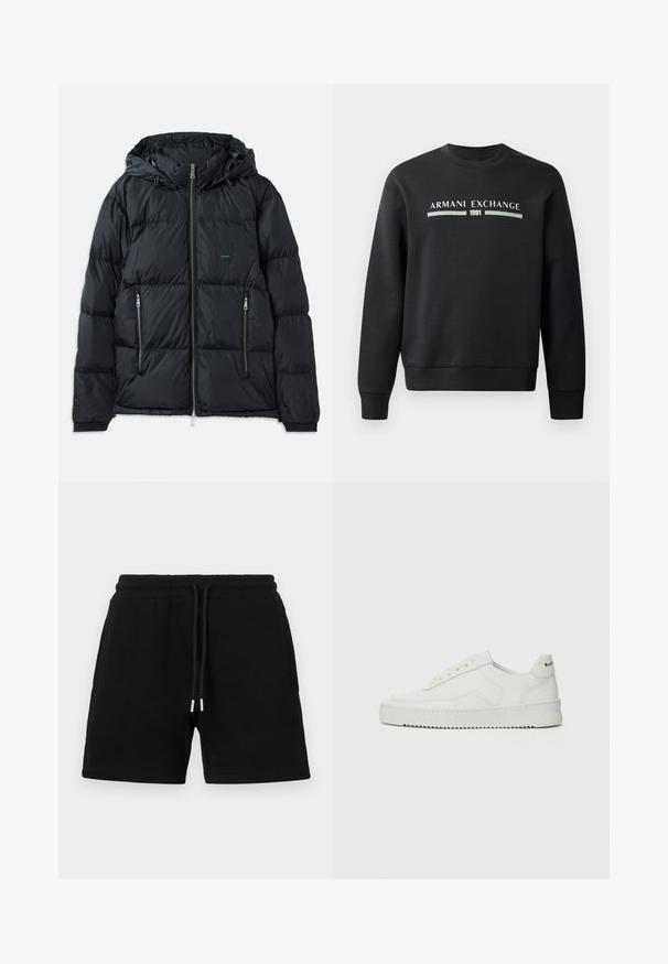 Czarna kurtka puchowa z zamkiem z przodu, regulowanym kapturem, dwoma bocznymi kieszeniami na zamek oraz teksturowanym, pikowanym wzorem. Zawiera naszywkę z logo.; Czarna bluza wykonana z miękkiego materiału. Ma okrągły dekolt i długie rękawy. Z przodu widnieje napis "ARMANI EXCHANGE" oraz "1991" w kontrastowych kolorach.; Czarne bawełniane szorty z elastycznym pasem na sznurku, bocznymi kieszeniami oraz klasycznym, luźnym krojem. Gładka tekstura bez wzorów.; Białe skórzane sneakersy o gładkim wykończeniu, okrągłym nosku, płaskich sznurówkach i teksturowanej podeszwie. Charakteryzują się delikatnym logo na pięcie.