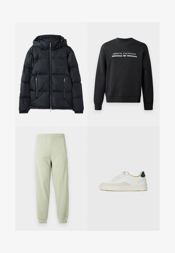 Μαύρο φουσκωτό μπουφάν με φερμουάρ μπροστά, ρυθμιζόμενη κουκούλα, δύο πλαϊνές τσέπες με φερμουάρ και υφή σε καπιτονέ σχέδιο. Έχει λογότυπο.; Μαύρο φούτερ κατασκευασμένο από μαλακό ύφασμα. Διαθέτει στρογγυλή λαιμόκοψη και μακρυά μανίκια. Στο μπροστινό μέρος εμφανίζεται το "ARMANI EXCHANGE" και το "1991" σε αντίθετα χρώματα.; Ανοιχτό πράσινα φόρμες με ελαστική μέση, σχεδίαση στενού ποδιού και πλαϊνές τσέπες. Λείος, ελαφρύς ύφασμα με ματ φινίρισμα.; Λευκά sneakers με σουέτ λεπτομέρειες, στρογγυλή μύτη, επίπεδα κορδόνια και κρέμα από καουτσούκ σόλα. Διαθέτει πράσινη επωνυμία στη φτέρνα.