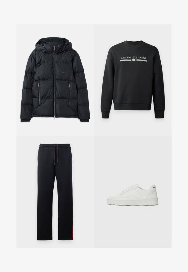 Zwarte pufferjack met een ritssluiting aan de voorkant, verstelbare capuchon, twee zijzakken met rits en een textuur, doorgestikte ontwerp. Voorzien van logo-embleem.; Zwarte sweatshirt gemaakt van zachte stof. Heeft een ronde hals en lange mouwen. De voorkant toont "ARMANI EXCHANGE" en "1991" in contrasterende kleuren.; Zwarte joggingbroek met een trekkoord in de taille, taps toelopende pijpen en rode accentstrepen aan de zijkanten. Zacht, rekbaar materiaal met een gladde textuur.; Witte leren sneaker met een gladde afwerking, ronde neus, platte veters en een gestructureerde zool. Kenmerkt zich door een subtiel logo op de hiel.