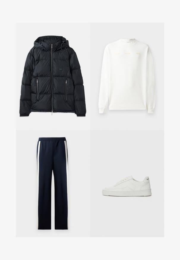 Sort puffjakke med lynlås foran, justerbar hætte, to lynlåslommer på siden og et struktureret, quiltet design. Har logo-patch.; Hvid sweatshirt med rund hals, lange ærmer og ribbede manchetter. Har guldtrykt tekst tværs over brystet: "HZW (25-26) HOLZWEILER THE SUN."; Marineblå sweatpants med bred ben-design, der har lodrette cremefarvede striber langs siderne. Fremstillet af blødt, tekstureret stof med elastisk talje.; Hvide lædersneakers med en glat overflade, rund tå, flade snørebånd og en tekstureret sål. Har et diskret logo på hælen.