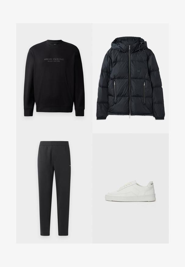 Svart puffjakke med glidelås foran, justerbar hette, to glidelåslommer på sidene og et teksturert, quiltet design. Har logo-patch.; Svart crewneck hettegenser med "ARMANI EXCHANGE MILANO / NEW YORK" i preget tekst foran. Stoffet er glatt med ribbestrikkede mansjetter.; Sorte joggebukser laget av myk stoff, med elastisk midjebånd, rette ben og en liten logo detalj på siden.; Hvite lærersneakers med en jevn overflate, rund tå, flate lisser og en teksturert såle. Har en subtil logo på hælen.