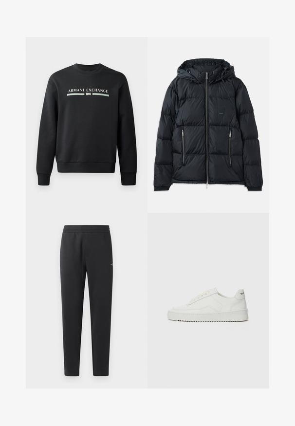 Giubbotto imbottito nero con zip frontale, cappuccio regolabile, due tasche laterali con zip e un design trapuntato testurizzato. Presenta una toppa con logo.; Felpa nera realizzata in tessuto morbido. Caratterizzata da un collo rotondo e maniche lunghe. Sul davanti sono stampate le diciture "ARMANI EXCHANGE" e "1991" in colori a contrasto.; Pantaloni jogger neri realizzati in tessuto morbido, con vita elasticizzata, gambe dritte e un piccolo logo sulla parte laterale.; Sneaker in pelle bianca con una finitura liscia, punta rotonda, lacci piatti e suola testurizzata. Presenta un logo discreto sul tallone.