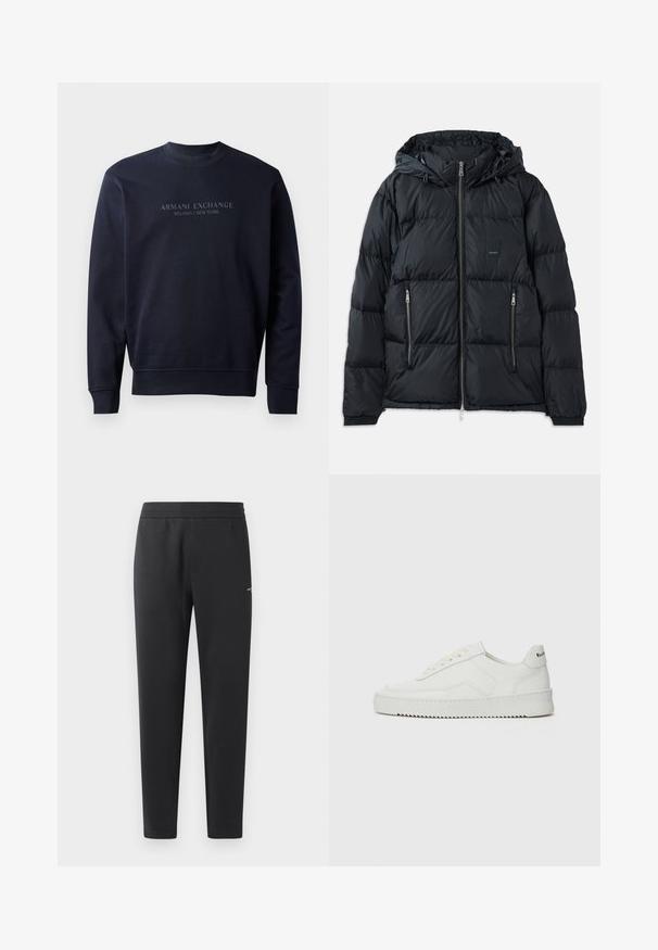 Czarna kurtka puchowa z zamkiem z przodu, regulowanym kapturem, dwoma bocznymi kieszeniami na zamek oraz teksturowanym, pikowanym wzorem. Zawiera naszywkę z logo.; Granatowy sweatshirt wykonany z miękkiego materiału, z okrągłym dekoltem i ściągaczami na rękawach z wytłoczonym napisem "ARMANI EXCHANGE MILANO / NEW YORK".; Biała, bawełniana koszulka z krótkim rękawem, z niebieskim i zielonym logo "ARMANI EXCHANGE" oraz napisem "1991" umieszczonym centralnie poniżej.; Czarne spodnie dresowe z miękkiego materiału, z elastycznym paskiem, prostymi nogawkami oraz małym logo z boku.; Białe skórzane sneakersy o gładkim wykończeniu, okrągłym nosku, płaskich sznurówkach i teksturowanej podeszwie. Charakteryzują się delikatnym logo na pięcie.