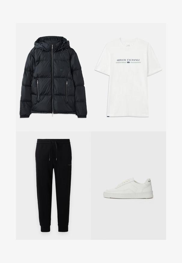 Črna napihljiva jakna z zadrgo spredaj, nastavljivim kapuco, dvema stranskima žepoma z zadrgo in teksturiranim, prešitjem oblikovanim dizajnom. Vsebuje oznako logotipa.; Bela bombažna majica s kratkimi rokavi, ki prikazuje modro in zeleno logo "ARMANI EXCHANGE" ter "1991" v središču spodaj.; Črne trenirke iz mešanice bombaža, z elastičnim pasom in vrvico, z manšetami na gležnjih ter diskretnim tiskom logotipa ob strani.; Bela usnjena športna obutev z gladko površino, okroglo prst, ravne vezalke in teksturiran podplat. Ima diskretno logo na peti.