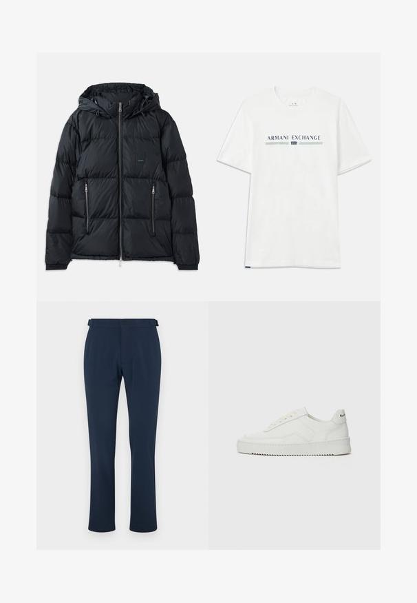 Čierna nafúknutá bunda so zipsom vpredu, nastaviteľnou kapucňou, dvoma zipsovými bočnými vreckami a textúrovaným, prešívaným dizajnom. Obsahuje nášivku s logom.; Biele bavlnené tričko s krátkym rukávom, zdobené modrým a zeleným logom "ARMANI EXCHANGE" a s nápisom "1991" umiestneným centrálne pod ním.; Námornícke nohavice vyrobené z hladkej tkaniny s rovnými nohavicami, pútkami na opasok a jedným gombíkom na zatváranie. Minimalistický štýl bez vzorov.; Biele kožené tenisky s hladkým povrchom, okrúly špičkový dizajn, ploché šnúrky a textúrovaná podrážka. Obsahujú jemné logo na päte.