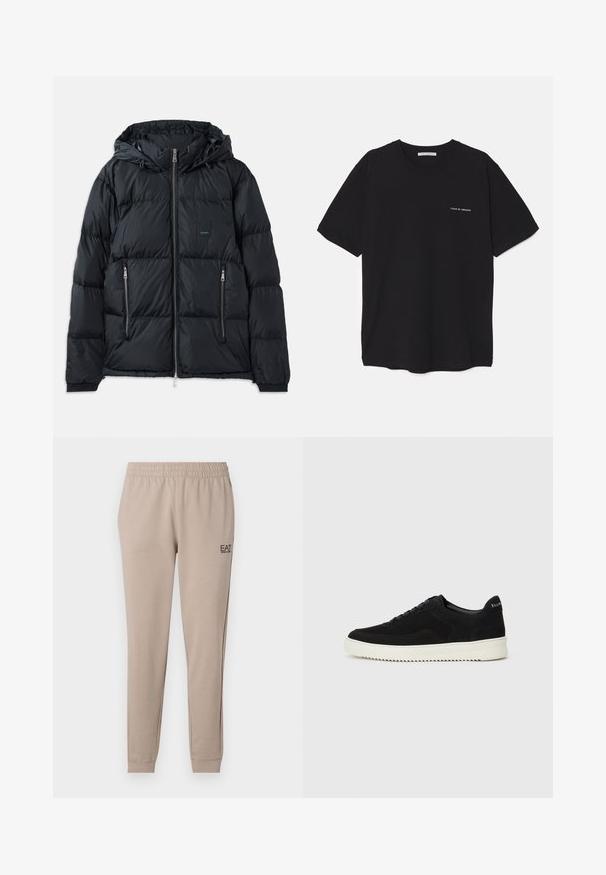 Black puffer jacket with a zip front, adjustable hood, two zippered side pockets, and a textured, quilted design. Features logo patch.; Black cotton T-shirt with a crew neck, short sleeves, and a white logo print on the left chest. Simple, solid color design.; Beige tapered joggers with an elastic waistband, cuffed ankles, and a small black EA7 logo on the left side. Soft fabric texture.; Black suede sneaker with lace-up design and contrasting white rubber sole. Features textured side panels and subtle branding on the heel.