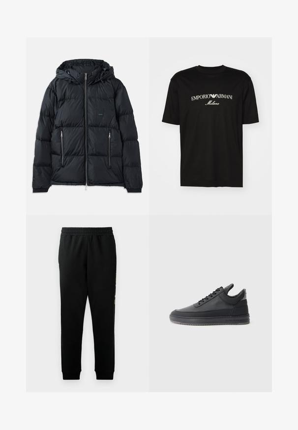 Casaco puffer preto com fecho na frente, capuz ajustável, dois bolsos laterais com fecho éclair e um design texturizado e acolchoado. Apresenta um patch do logo.; T-shirt de algodão preta com gola redonda, mangas curtas e o logo "EMPORIO ARMANI" em branco acima de "Milano" num design curvo.; Calças de moletão pretas com um cós elástico, pernas ajustadas e bolsos laterais. Apresenta um detalhe gráfico arrojado ao longo do lado esquerdo.; Sapatilhas de couro preto com uma superfície texturizada, design de atacadores, cano baixo, e uma sola de borracha cinza com uma borda estriada.