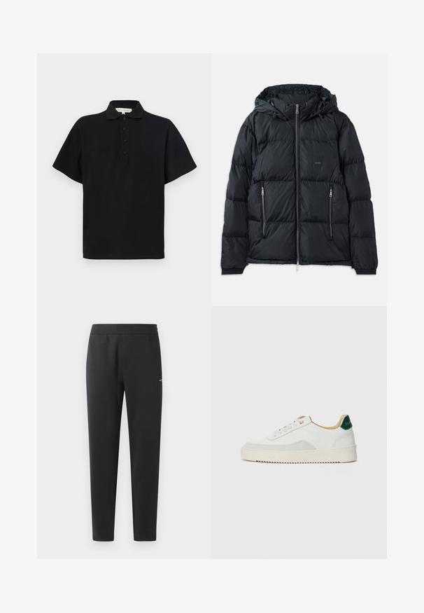 Svart puffjacka med dragkedja framtill, justerbar huva, två sidofickor med dragkedja och ett texturerat, quiltat mönster. Har logopatch.; Svart pikétröja med korta ärmar, tillverkad av mjuk bomull. Har en krage och en knappslå med fyra knappar. Enkelt, minimalistiskt design.; Svarta joggingbyxor i mjukt tyg, med elastisk midja, raka ben och en liten logotypdetalj på sidan.; Vit sneaker med mockadetaljer, rund tå, platta snören och en krämfärgad gummisula. Har grön branding på hälen.