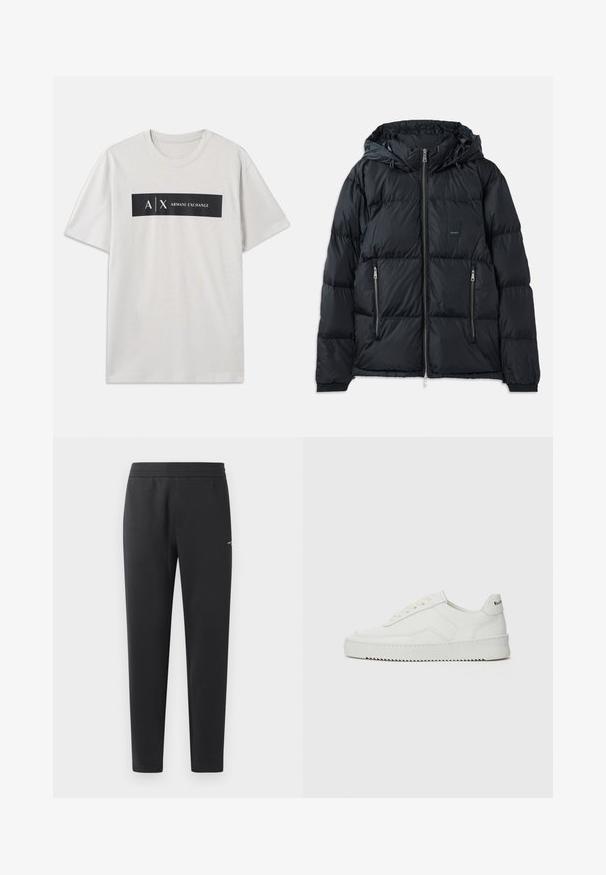 Juodas pūkinis džemperis su užtrauktuku priekyje, reguliuojama kapišonu, dviem užtrauktukais uždaromomis šoninėmis kišenėmis ir tekstūruotu, siuvinėtų dizainu. Yra logotipo siuvinys.; Šviesiai pilkos spalvos trumpomis Rankovėmis marškiniai, pagaminti iš medvilnės. Jame yra juodas stačiakampis grafikas su balta „A/X“ ir „ARMANI EXCHANGE“ užrašu.; Juodos sportinės kelnės, pagamintos iš minkštos medžiagos, su elastinga juosmeniu, tiesiomis kojomis ir nedideliu logotipo akcentu šone.; Balti odiniai sportiniai bateliai su lygia apdaila, apvaliu pirštu, plokščiais raišteliais ir tekstūruotu padu. Pasižymi subtiliu logotipu ant kulno.