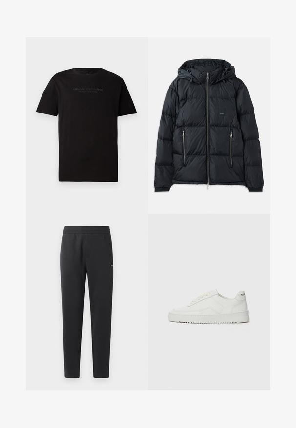 Juodas pūkinis džemperis su užtrauktuku priekyje, reguliuojama kapišonu, dviem užtrauktukais uždaromomis šoninėmis kišenėmis ir tekstūruotu, siuvinėtų dizainu. Yra logotipo siuvinys.; Juodas medvilninis marškinėliai su apvalia iškirpte ir trumpomis rankovėmis. Priekyje yra iškilus tekstas "ARMANI EXCHANGE MILANO / NEW YORK".; Juodos sportinės kelnės, pagamintos iš minkštos medžiagos, su elastinga juosmeniu, tiesiomis kojomis ir nedideliu logotipo akcentu šone.; Balti odiniai sportiniai bateliai su lygia apdaila, apvaliu pirštu, plokščiais raišteliais ir tekstūruotu padu. Pasižymi subtiliu logotipu ant kulno.