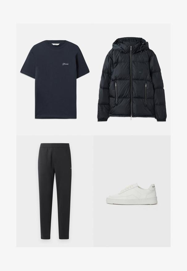Svart puffjakke med glidelås foran, justerbar hette, to glidelåslommer på sidene og et teksturert, quiltet design. Har logo-patch.; Marineblå bomull t-skjorte med korte ermer. Har en hvit brodert merkevarelogo på venstre bryst. Klassisk rund hals.; Sorte joggebukser laget av myk stoff, med elastisk midjebånd, rette ben og en liten logo detalj på siden.; Hvite lærersneakers med en jevn overflate, rund tå, flate lisser og en teksturert såle. Har en subtil logo på hælen.