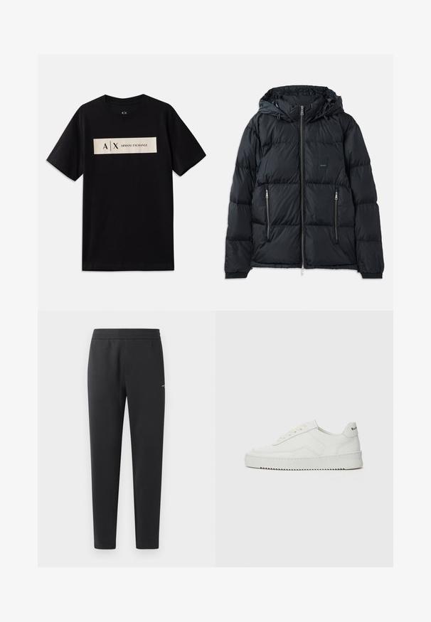 Juodas pūkinis džemperis su užtrauktuku priekyje, reguliuojama kapišonu, dviem užtrauktukais uždaromomis šoninėmis kišenėmis ir tekstūruotu, siuvinėtų dizainu. Yra logotipo siuvinys.; Juodas trumpas rankovės marškinėlis su apvaliu kaklu ir stačiakampiu bežiniu logotipo ženkleliu, kuriame parašyta "A|X Armani Exchange", per krūtinę.; Juodos sportinės kelnės, pagamintos iš minkštos medžiagos, su elastinga juosmeniu, tiesiomis kojomis ir nedideliu logotipo akcentu šone.; Balti odiniai sportiniai bateliai su lygia apdaila, apvaliu pirštu, plokščiais raišteliais ir tekstūruotu padu. Pasižymi subtiliu logotipu ant kulno.