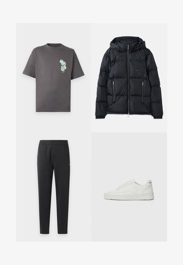 Sort puffjakke med lynlås foran, justerbar hætte, to lynlåslommer på siden og et struktureret, quiltet design. Har logo-patch.; Grå bomulds t-shirt med rund hals, korte ærmer, udstyret med et mintgrønt grafisk design på venstre brystområde.; Sorte joggebukser lavet af blødt stof, med elastisk måle, lige ben og et enkelt lille logo detaljeret på siden.; Hvide lædersneakers med en glat overflade, rund tå, flade snørebånd og en tekstureret sål. Har et diskret logo på hælen.