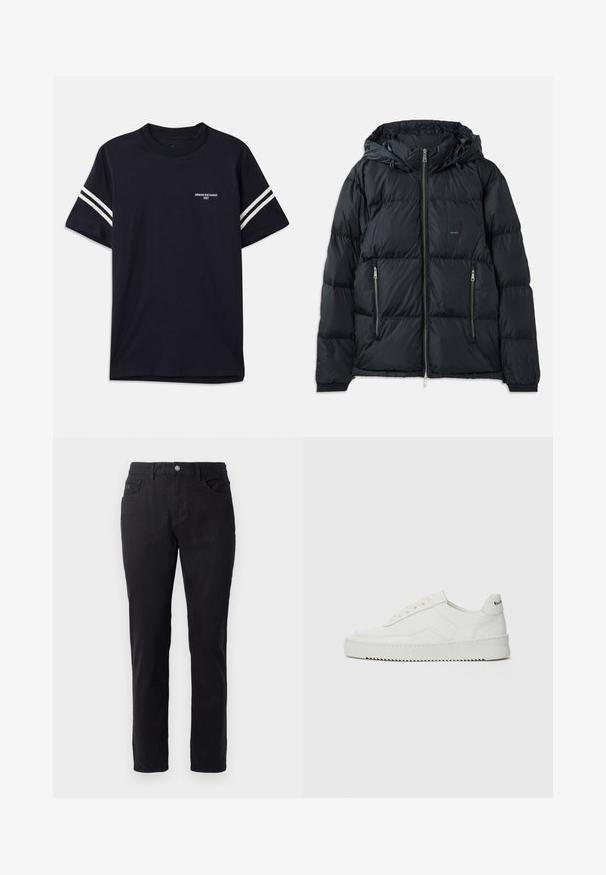 Černá péřová bunda s předním zipem, nastavitelnou kapucí, dvěma bočními zipovými kapsami a texturovaným prošívaným designem. Obsahuje nášivku s logem.; Námořnická modrá tričko vyrobené z bavlny, s kulatým výstřihem, krátkými rukávy a bílými pruhy na ramenou, s potiskem loga na hrudi.; Černé bavlněné kalhoty se střihem rovného nohavice, které mají zapínání na knoflík, dvě přední kapsy a hladkou texturu.; Bílé kožené tenisky s hladkým povrchem, kulatou špičkou, plochými tkaničkami a texturovanou podrážkou. Na patě se nachází nenápadné logo.