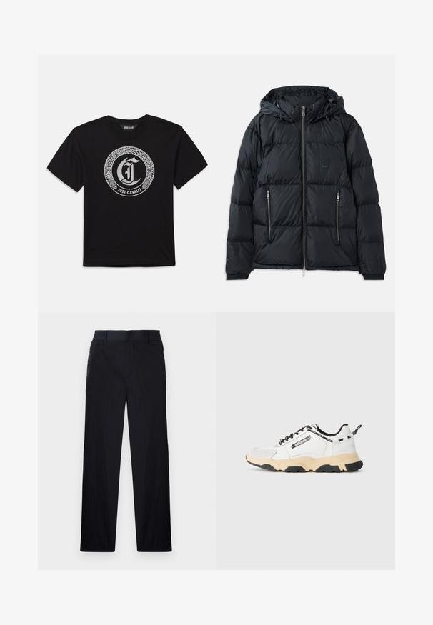 Svart puffjakke med glidelås foran, justerbar hette, to glidelåslommer på sidene og et teksturert, quiltet design. Har logo-patch.; Svart T-skjorte med kort erm og et sirkulært sølvfarget slangedesign som omslutter et gotisk bokstav "J" og "Just Cavalli"-teksten nedenfor.; Sorte bukser med lett og teksturert stoff, rett ben-design, elastisk midjebånd og sidelommer med glidelås.; Hvit sneakers med grå aksenter og svarte snøringer. Har en tykk beige såle med svart grep. Logodetalj på siden.