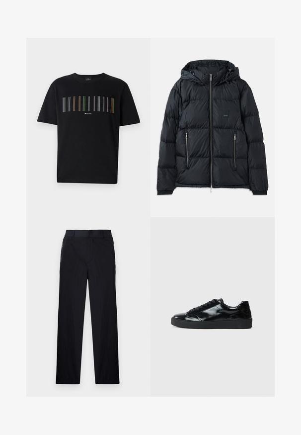 Svart puffjakke med glidelås foran, justerbar hette, to glidelåslommer på sidene og et teksturert, quiltet design. Har logo-patch.; Svart kortermet t-skjorte med flerfargede vertikale striper over brystet og en liten logo nederst. Myk bomullsjakke.; Sorte bukser med lett og teksturert stoff, rett ben-design, elastisk midjebånd og sidelommer med glidelås.; Sorte lakksko med avrundet tå, snøringer, teksturert gummisåle og glanset overflate.