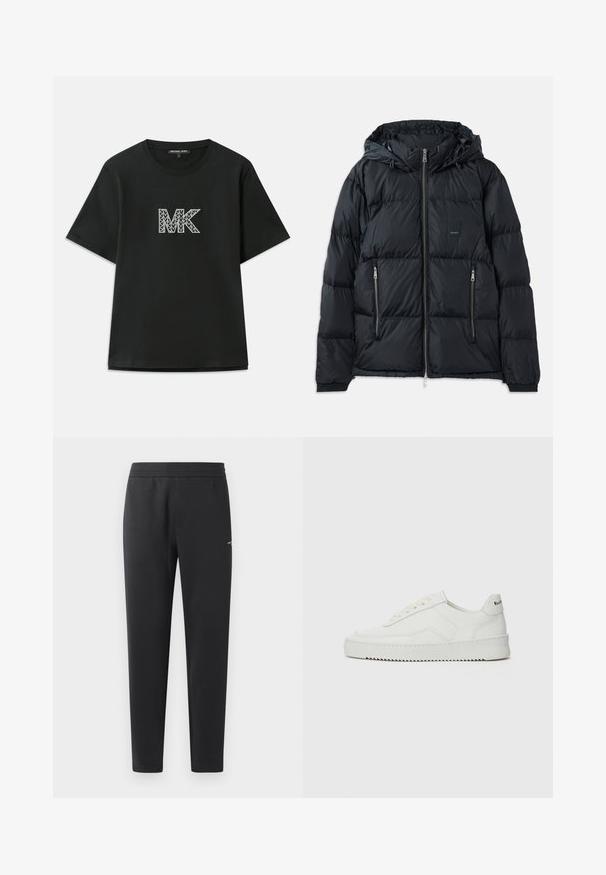 Černá péřová bunda s předním zipem, nastavitelnou kapucí, dvěma bočními zipovými kapsami a texturovaným prošívaným designem. Obsahuje nášivku s logem.; Černé bavlněné tričko s krátkými rukávy a geometrickým logem "MK" v bílé a šedé barvě. Kulatý výstřih a pohodlný střih.; Černé joggingové kalhoty vyrobené z měkké tkaniny, s elastickým pasem, rovnými nohavicemi a malým logem na boku.; Bílé kožené tenisky s hladkým povrchem, kulatou špičkou, plochými tkaničkami a texturovanou podrážkou. Na patě se nachází nenápadné logo.