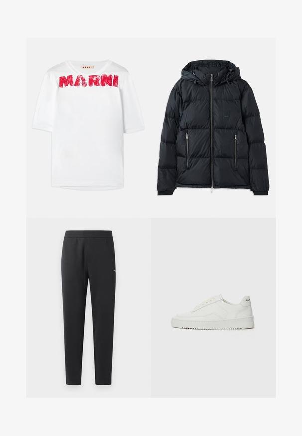 Must must, millel esinevahtidega must puffer jope, millel on lukuga esiosa, reguleeritav kapuuts, kaks lukuga küljetaskut ja tekstuuritud, tikanditud disain. Omab logo paika.; Valge lühikeste varrukatega t-särk laia ümarate kaelustega, millel on trükitud punane "MARNI" logo ning kergelt tekstureeritud kangas.; Mustad jogger pants pehmest kangast, millel on elastne vöökoht, sirged sääred ja üks väike logodetail küljel.; Valge nahast tennis, millel on sile põhi, ümar varvas, lamedad nöörid ja tekstuuriline tall. Sisaldab diskreetset logo kontsaribal.