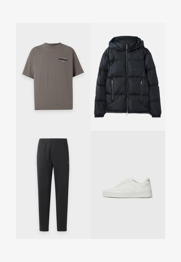 Mustat puhvijakku, jossa on vetoketjukfrontti, säädettävä huppu, kaksi vetoketjullista sivutaskua ja teksturoitu, tikattu malli. Sisältää logopatchin.; Harmaa puuvillapaita, jossa on pyöreä pääntie, lyhyet hihat ja brändätty taskupainatus, jossa lukee "ALL SAINTS" sekä lisäteksti.; Mustat verkkarit, jotka on valmistettu pehmeästä kankaasta. Niissä on joustava vyötärö, suorat lahkeet ja pieni logo-yksityiskohta sivulla.; Valkoinen nahkakenkä, jossa on sileä pinta, pyöreä kärki, tasaiset nauhat ja teksturoitu pohja. Sisältää huomaamattoman logon kantapäässä.