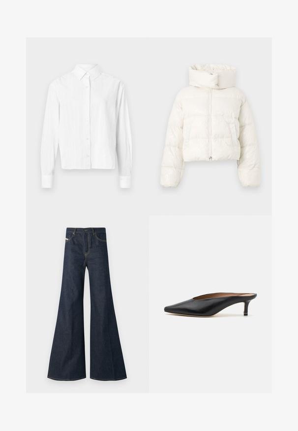 Cropped puffer jacket in glossy white material, featuring a high collar, zip front, and horizontal quilted design with two side pockets.; White button-up shirt made of lightweight fabric. Features long sleeves, a classic collar, and subtle vertical stripes. Cropped design.; Dark blue flared jeans made of denim, featuring a high waist, gold stitching accents, and two front pockets with a button closure.; Black leather mules with a pointed toe and low, block heel. Smooth texture with a sleek design. Open back with minimal detailing.