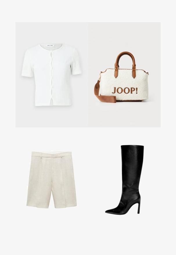 Sort cropped læderjakke med krave, frontlukning med knapper og to store flaplommer. Glat tekstur og struktureret form.; Hvid ribbet kortærmet top med rund halsudskæring og en knaplukning fortil med en bølget detalje. Glat tekstur, afslappet pasform.; PULL&BEAR Top - white; Beige linned shorts med en skræddersyet pasform, der har en glat front, dobbelte plisseringer og bæltestropper. Glat tekstur, længde til midten af låret.; Knæhøj sort læderstøvle med spids tå, høj stiletthæl, glat finish og et enkelt, strømlinet design uden pynt.; Hvid plyskurv med brune læderdetaljer og håndtag. Har et "JOOP!" logo i brun. Inkluderer en aftagelig skulderrem.