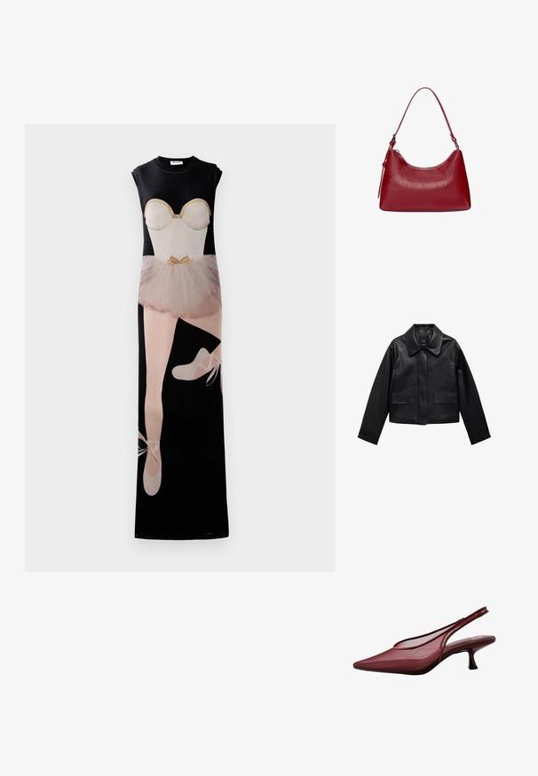 Czarna skórzana kurtka w kroju cropped z kołnierzem, z przodem zapinanym na guziki oraz dwoma dużymi kieszeniami z klapkami. Gładka faktura i zarysowany kształt.; Długa czarna sukienka z grafiką baletnicy, beżowym korpusem, tiulową spódnicą i baletkami, ozdobiona jasnosREzanym złotem.; Burgundowe sandały na obcasie z odkrytą piętą, z wąskim czubkiem i siateczkowym wierzchem. Posiadają smukły obcas oraz wycięcia, co zapewnia elegancki zarys.; Czerwona skórzana torebka na ramię o zakrzywionym kształcie, gładkiej fakturze i zamek błyskawiczny. Posiada cienką rączkę do noszenia.