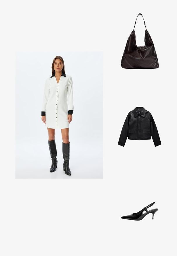 Czarna skórzana kurtka w kroju cropped z kołnierzem, z przodem zapinanym na guziki oraz dwoma dużymi kieszeniami z klapkami. Gładka faktura i zarysowany kształt.; Biała sukienka na guziki z czarnym kołnierzykiem i mankietami, o prostym kroju, długich rękawach i metalowymi akcentami na guzikach.; Czarne lakierowane pantofle typu slingback z wydłużonym noskiem, otwartymi bocznymi wycięciami, smukłym obcasem i regulowanym zapięciem na kostkę.; Ciemnobrązowa skórzana torba na ramię o luźnym kształcie, szerokim otwarciu i jednym pasku na ramię. Charakteryzuje się delikatnymi przeszyciami.