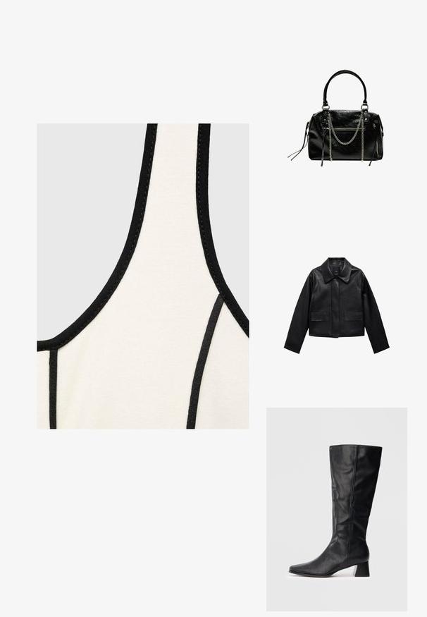 Čierna skrátená kožená bunda s golierom, predným zapínaním na gombíky a dvoma veľkými prekryvnými vreckami. Hladká textúra a štruktúrovaný tvar.; Krémový top s čiernym lemovaním, ktorý má hladkú textúru a okrúhly výstrih. Dizajn obsahuje kontrastné šitie pozdĺž okrajov.; Čierne kožené čižmy po strednú lýtko s špičatou špičkou a blokovým podpätkom na jednofarebnom svetlom pozadí.; Bershka WITH CHAIN - Kabelka - black