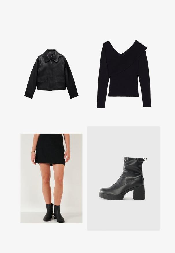 Musta lyhyt nahkatakki, jossa on kaulus, etupuolella napitus ja kaksi suurta läppätaskua. Sileä pinta ja muotoiltu rakenne.; Even&Odd Neule - black; Mustat minihameet, jotka on valmistettu teksturoidusta kankaasta ja joissa on ruudullinen kuosi; yhdistetty mustiin nilkkureihin, joissa on sivuvetoketju ja paksu korko.; Mustat nilkkurit, jotka on valmistettu sileästä nahasta. Niissä on sivuvetoketju, paksu teksturoitu korko ja pyöristetty kärki.