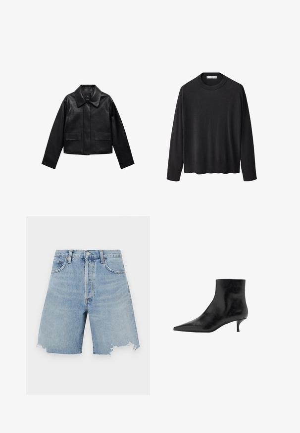 Musta lyhyt nahkatakki, jossa on kaulus, etupuolella napitus ja kaksi suurta läppätaskua. Sileä pinta ja muotoiltu rakenne.; Mustana neulottuna neuleena, jossa on ribbireunuksellinen pyöreä kaula-aukko, pitkät hihat ja suora helma. Pehmeä tekstuuri, minimalistinen muotoilu ja monikäyttöinen tyyli.; Vaaleansiniset farkkushortsit, joissa on korkea vyötärö, repaleinen helma, kaksi etutaskua ja klassinen viisi taskua -muotoilu.; Musta nahkasaapas nilkkamittaisella, teräväkärkisellä, kapealla kitten-korkealla ja sileällä pinnalla. Yksinkertainen muotoilu, ei koristeellisia yksityiskohtia.