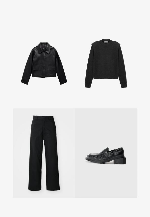 Musta lyhyt nahkatakki, jossa on kaulus, etupuolella napitus ja kaksi suurta läppätaskua. Sileä pinta ja muotoiltu rakenne.; Tummanharmaa, lyhennetty villapaita pitkillä hihuilla, pyöreällä pääntiellä ja tekstuuripinnalla. Yksinkertainen muotoilu ilman kuvioita tai koristeita.; Mustat leveät housut, joissa on tasainen etuosa, nappikiinnitys ja vyölenkit. Valmistettu kestävästä kankaasta, jolla on sileä pinta.; Mustat nahkakengät, joissa on jämäkkä pohja, hieman korotettu lohkopohja ja teksturoitu pinta, jota pidetään paikallaan etuhihnalla.