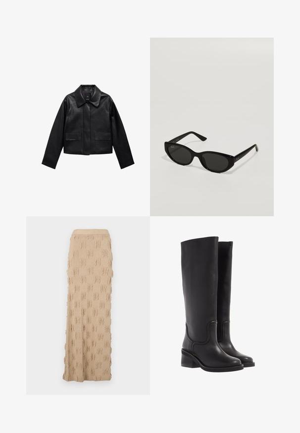 Schwarze, cropped Lederjacke mit Kragen, vorderem Knopfverschluss und zwei großen Klappentaschen. Glatte Textur und strukturierte Form.; Langärmliges Oberteil in Hellgrau, gefertigt aus weichem, strukturiertem Stoff. Verfügt über einen runden Halsausschnitt und eine figurbetonte Silhouette. Einfaches und vielseitiges Design.; Beige gestrickter Maxikleidrock mit einem strukturierten Muster und fransigen Akzenten sowie einem gerippten Taillenbund. Glattes und flexibles Material.; Schwarze Lederstiefel bis zum Knie mit glatter Textur, abgerundeter Spitze und klobigem Absatz. Mit dezenten Nähten und einem schlanken Design.; Schwarze Sonnenbrille in schmaler Katzenaugenform. Aus glattem Kunststoff gefertigt, mit dunklen Gläsern und dezenten Logo-Akzenten an den Bügeln.