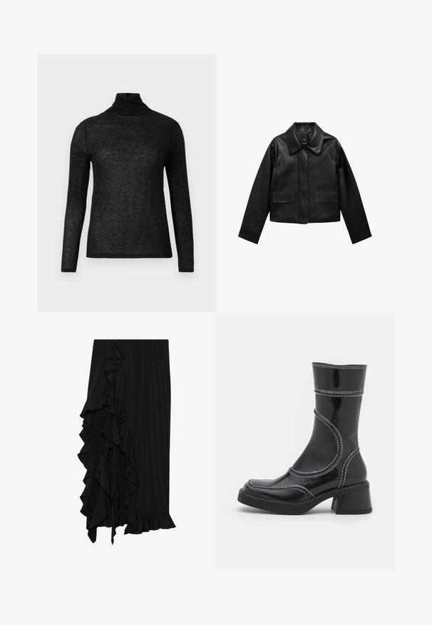 Schwarze, cropped Lederjacke mit Kragen, vorderem Knopfverschluss und zwei großen Klappentaschen. Glatte Textur und strukturierte Form.; Schwarzes Langarm-T-Shirt mit semi-transparentem Stehkragen, schmal geschnitten und schlicht gestaltet auf weißem Hintergrund.; Schwarzer Rock aus weichem Stoff mit einer Rüsche entlang der linken Seite und einem ausgestellten Saum am unteren Ende, der eine fließende Silhouette erzeugt.; Schwarze Lackleder-Ankle Boots mit weißen Nähten, abgerundeter Zehe und Blockabsatz. Besitzt geschwungene Designlinien und eine glatte Textur.
